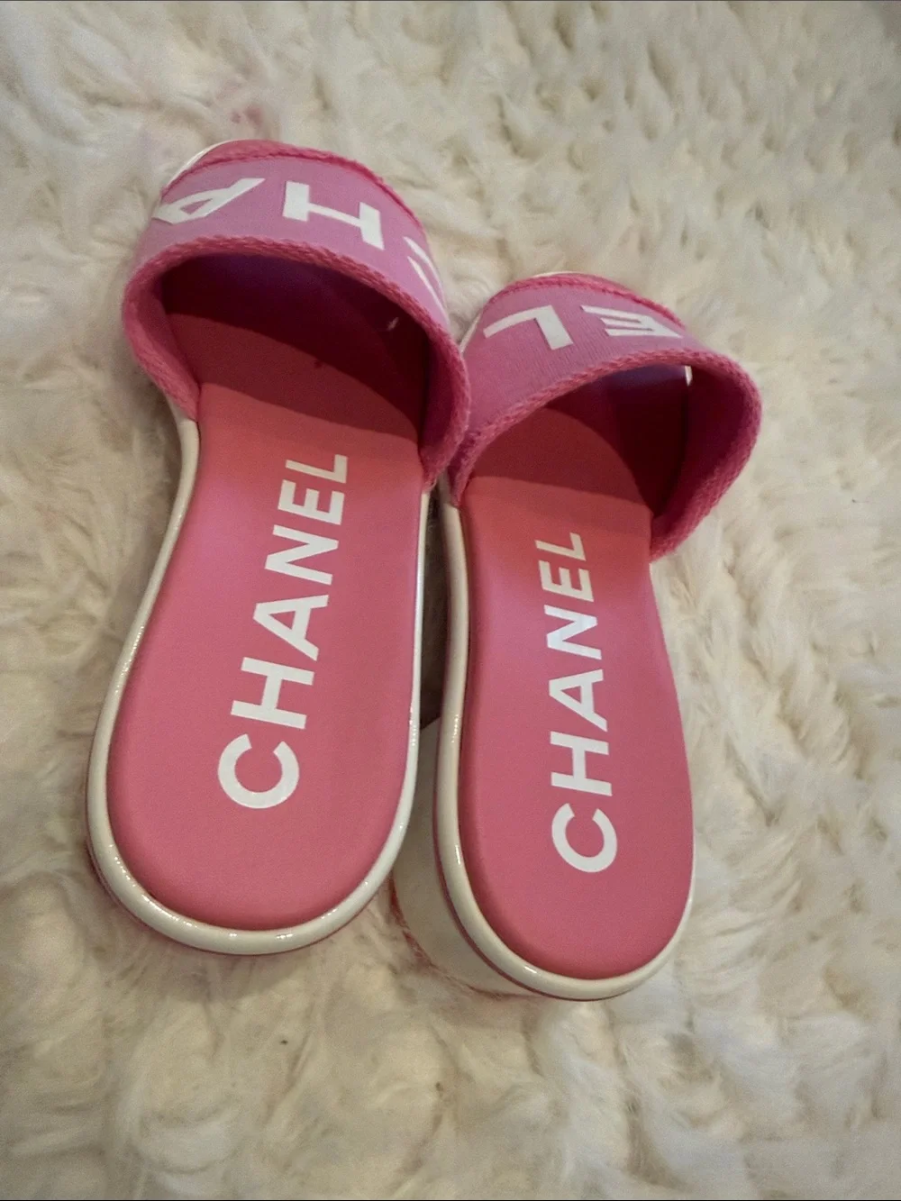 CHANEL Pink Logo Slide Sandals…